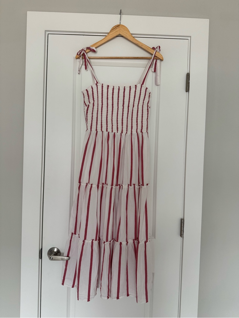 Draper James White Dress with Soft Red Vertical Stripes